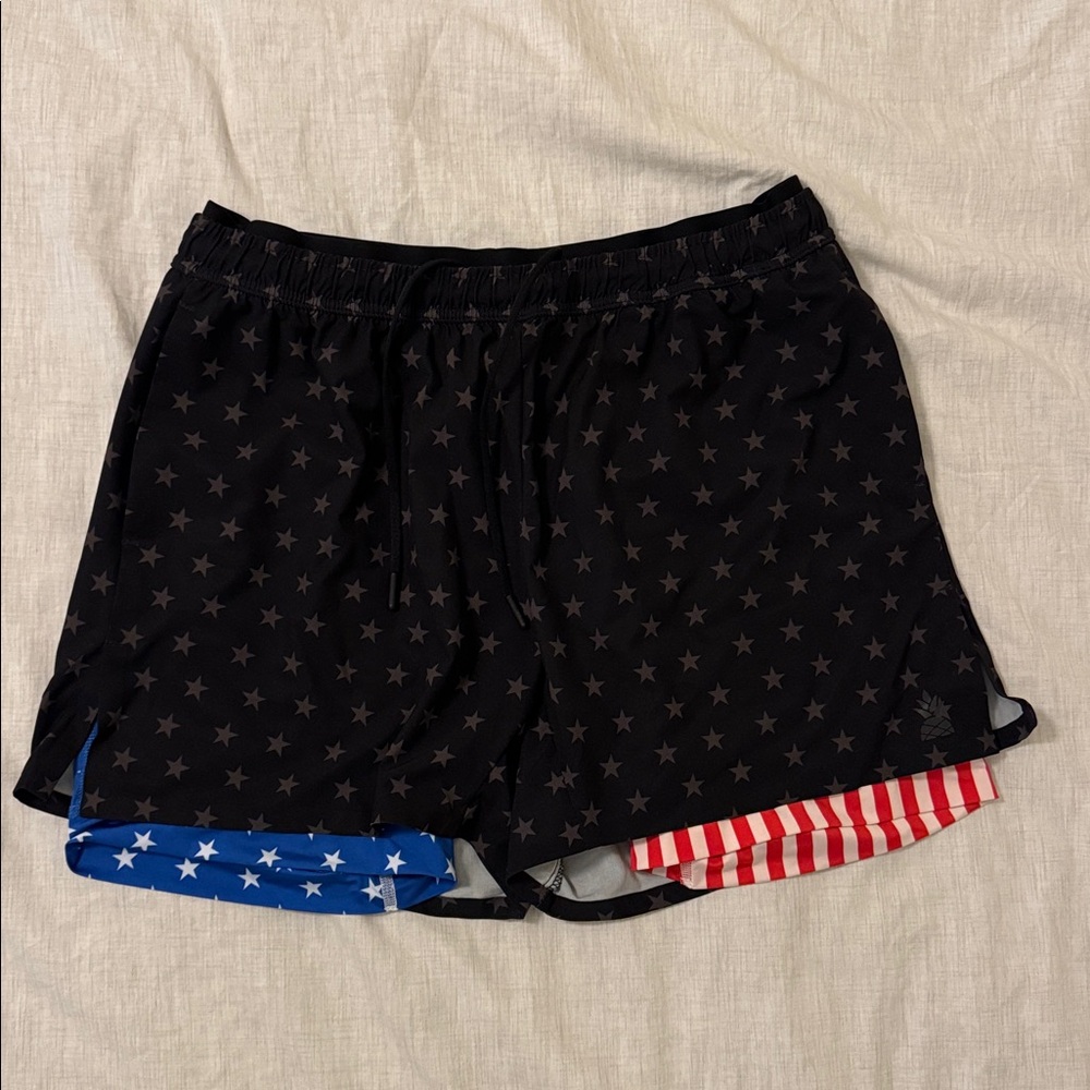 Chubbies Black Star Pattern Shorts with American Flag Detail